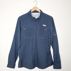 Columbia Omni Shade PFG Navy Button Down Shirt Large Hiking Fishing Sun Shirt